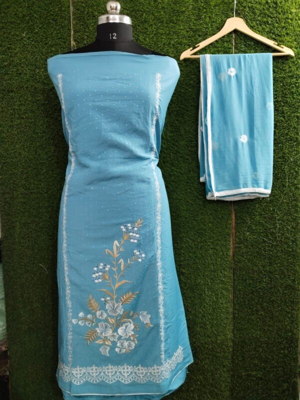 Elegant Sky Blue Embroidered Cotton Suit Set