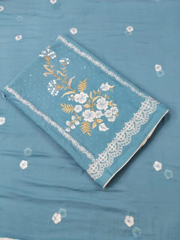 Elegant Sky Blue Embroidered Cotton Suit Set - Image 5