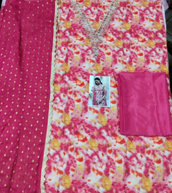 Vibrant Multicolor Printed Suit Set with Pink Dupatta - Image 3