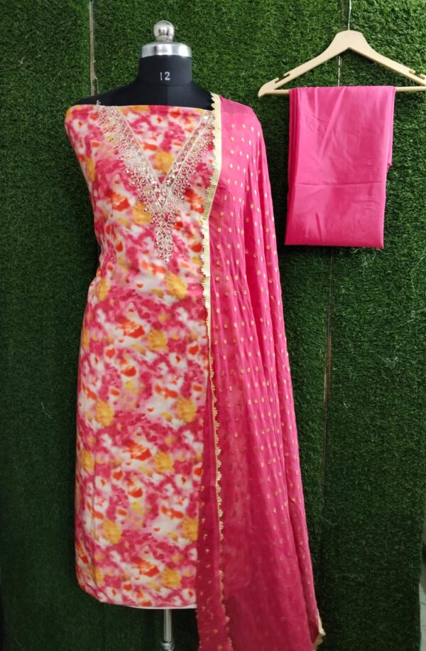 Vibrant Multicolor Printed Suit Set with Pink Dupatta