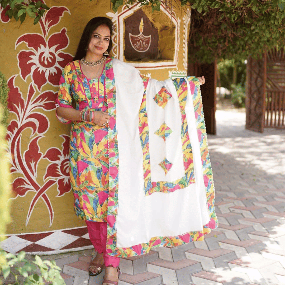 Fabric Muslin Cotton – Printed Top, Bottom & Dupatta Set