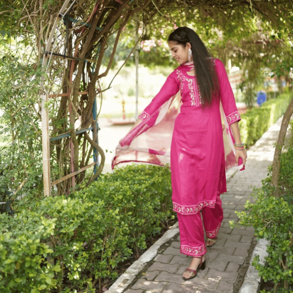 Fabric Reyon Cotton – Embroidered Top, Bottom & Double Shade Dupatta Set - Image 2